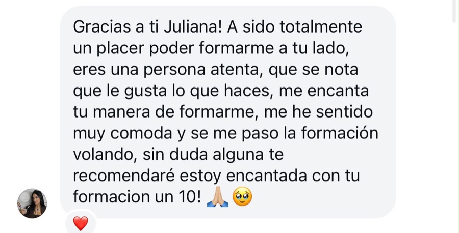 Mensaje de una alumna agradeciendo la formación